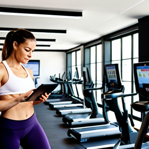 Home 11 **
Prompt: *A modern, bright fitness studio interior. Focus on diverse gym equipment like energy-efficient treadmills and weight machines. In the background, a fitness studio manager is using a tablet, showcasing member management software. The scene emphasizes a clean, organized, and technologically advanced environment. Sustainable elements incorporated: recycling bins, plants. Natural light.*
**