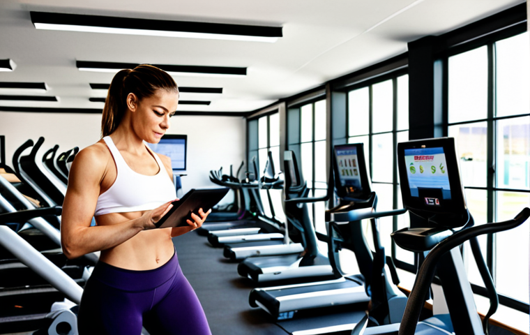 **
Prompt: *A modern, bright fitness studio interior. Focus on diverse gym equipment like energy-efficient treadmills and weight machines. In the background, a fitness studio manager is using a tablet, showcasing member management software. The scene emphasizes a clean, organized, and technologically advanced environment. Sustainable elements incorporated: recycling bins, plants. Natural light.*
**