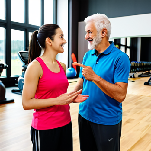 Home 6 A professional female fitness studio manager, dressed in modest, professional fitness attire, engages in a friendly, conversational exchange with two diverse members—a younger woman and an older man—on the clean, modern gym floor of a German fitness studio. The background features various high-quality exercise equipment and group class areas, illuminated by natural light. The scene captures a candid moment of active listening and observation. fully clothed, appropriate attire, safe for work, family-friendly, perfect anatomy, natural proportions, professional photography, high resolution, well-formed hands, proper finger count, natural body proportions, appropriate content.