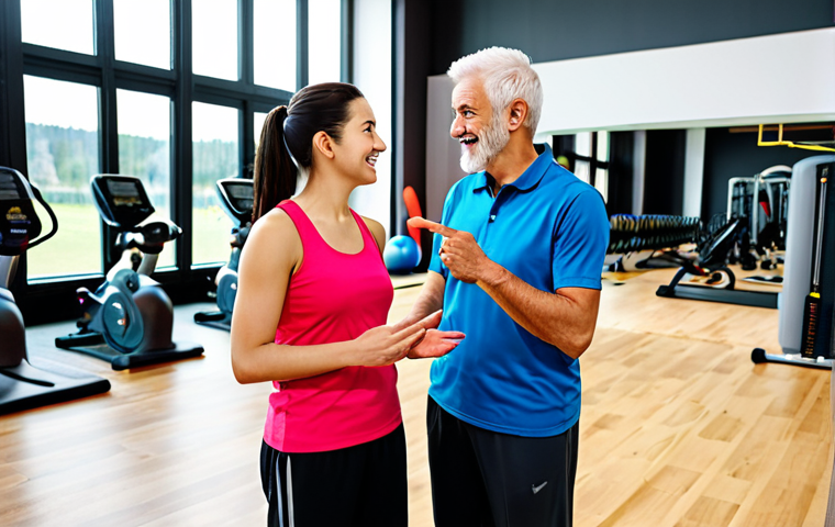 A professional female fitness studio manager, dressed in modest, professional fitness attire, engages in a friendly, conversational exchange with two diverse members—a younger woman and an older man—on the clean, modern gym floor of a German fitness studio. The background features various high-quality exercise equipment and group class areas, illuminated by natural light. The scene captures a candid moment of active listening and observation. fully clothed, appropriate attire, safe for work, family-friendly, perfect anatomy, natural proportions, professional photography, high resolution, well-formed hands, proper finger count, natural body proportions, appropriate content.