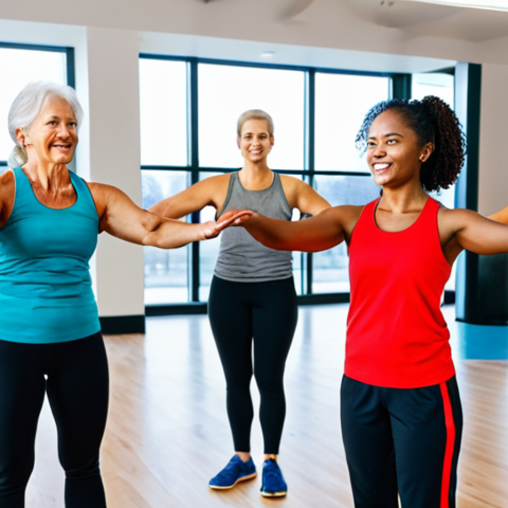 Target Audience & Personalized Fitness**

"A diverse group of fully clothed people (various ages and body types) participating in a group fitness class in a modern, brightly lit gym. Instructor is demonstrating proper form. Focus on the energy and inclusivity. Safe for work. Appropriate content. Fully clothed. Professional fitness environment. Perfect anatomy, correct proportions, natural pose, well-formed hands, proper finger count, natural body proportions. Family-friendly."

**