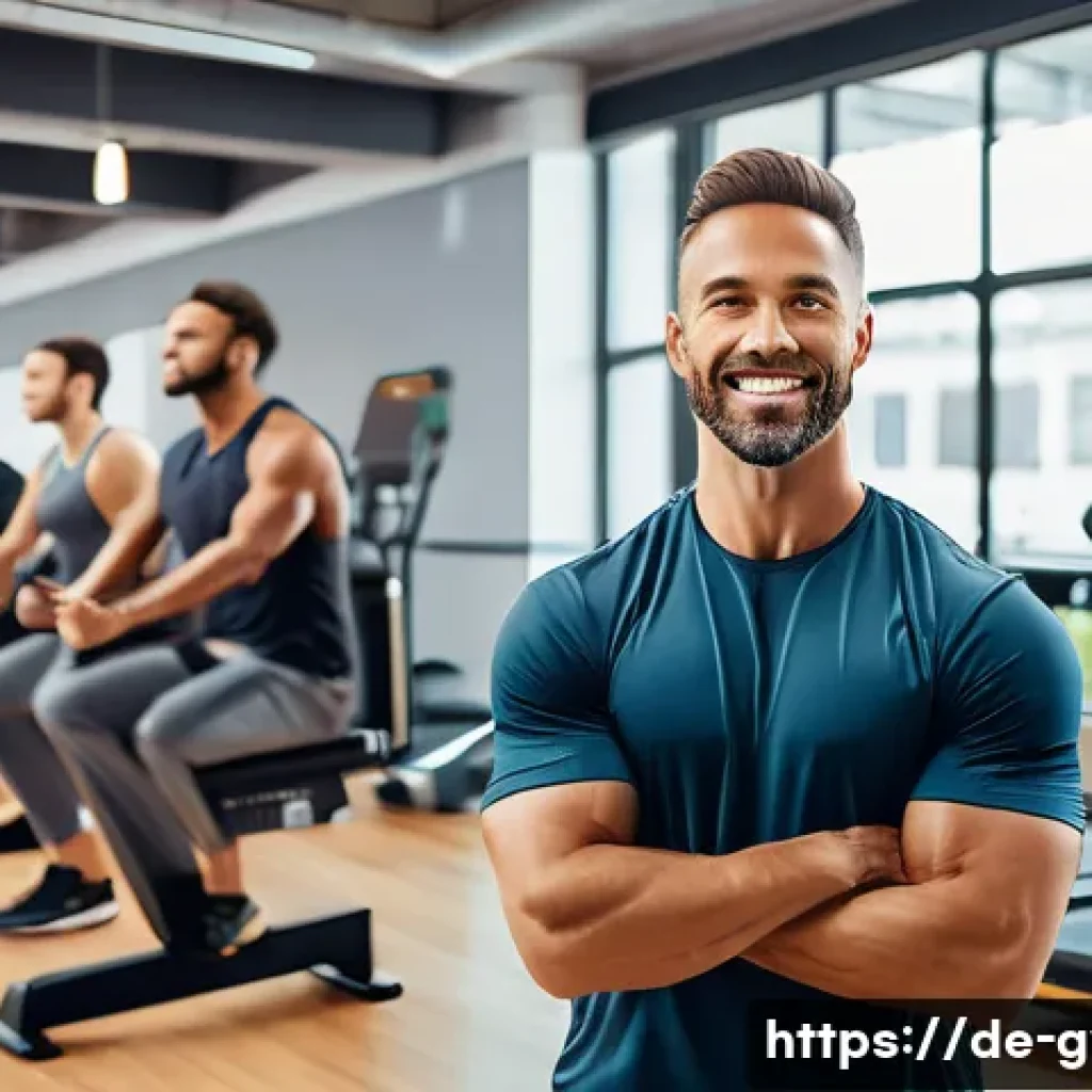 피트니스 경영사 직무 인터뷰 사례 - A modern fitness studio manager leading a diverse team meeting, featuring a well-organized workspace...