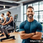 피트니스 경영사 직무 인터뷰 사례 - A modern fitness studio manager leading a diverse team meeting, featuring a well-organized workspace...