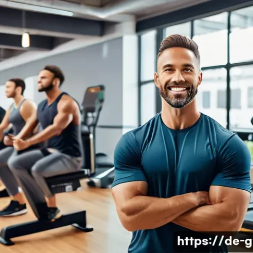 피트니스 경영사 직무 인터뷰 사례 - A modern fitness studio manager leading a diverse team meeting, featuring a well-organized workspace...