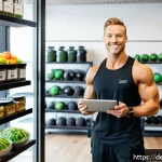 피트니스 경영사와 기업 협업 사례 - A modern fitness studio interior in Germany featuring a collaboration scene between fitness trainers...