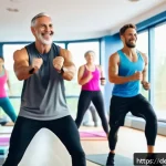 피트니스 경영사 이론과 실무 차이 - A diverse group of German adults in a bright, modern fitness studio engaging in a lively group worko...