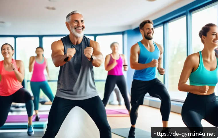 피트니스 경영사 이론과 실무 차이 - A diverse group of German adults in a bright, modern fitness studio engaging in a lively group worko...
