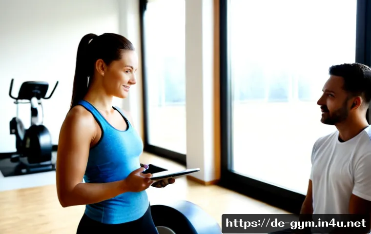 피트니스 경영사 경력 개발 전략 - Photorealistic career development scene inside a modern German fitness studio, confident fitness man...